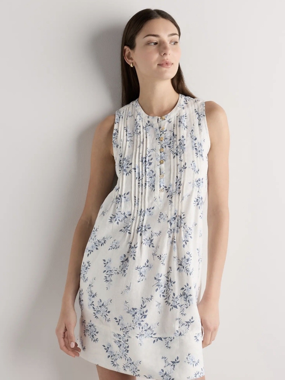 NWOT Quince 100% Linen Sleeveless Swing Dress Ivory Porcelain Blue Petite L